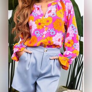 Rose Floral Print Flounce Sleeve Notched Neck Blouse